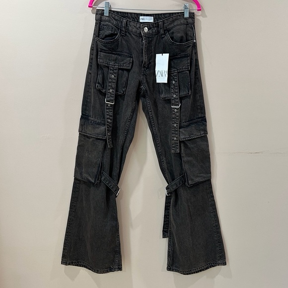 ZARA WOMAN 4/W26 Denim Pocket CARGO Jeans Hi Waist Black Y2K 90s